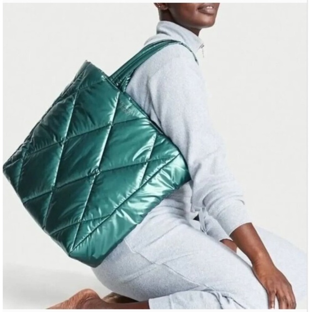 Victorias Secret Metallic Teal Quilted Puffer Tote Bag 11208314 New
